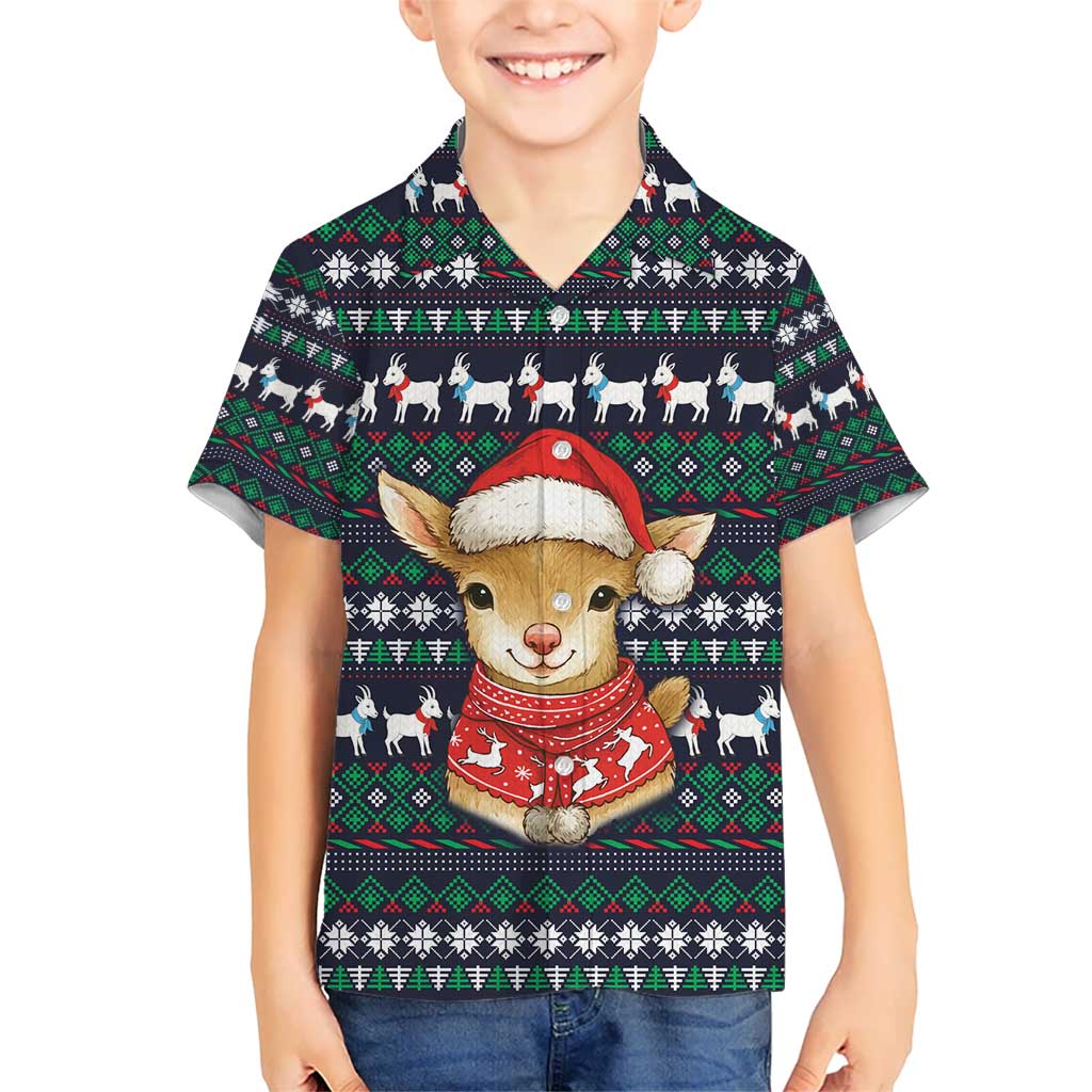 Cute Reindeer in Santa Hat Kid Hawaiian Shirt with Red Green Snowflake Knit Pattern Design - Wonder Print Shop