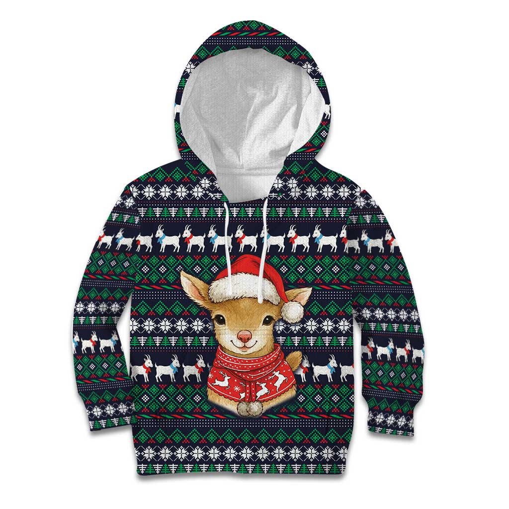 Cute Reindeer in Santa Hat Kid Hoodie with Red Green Snowflake Knit Pattern Design - Wonder Print Shop