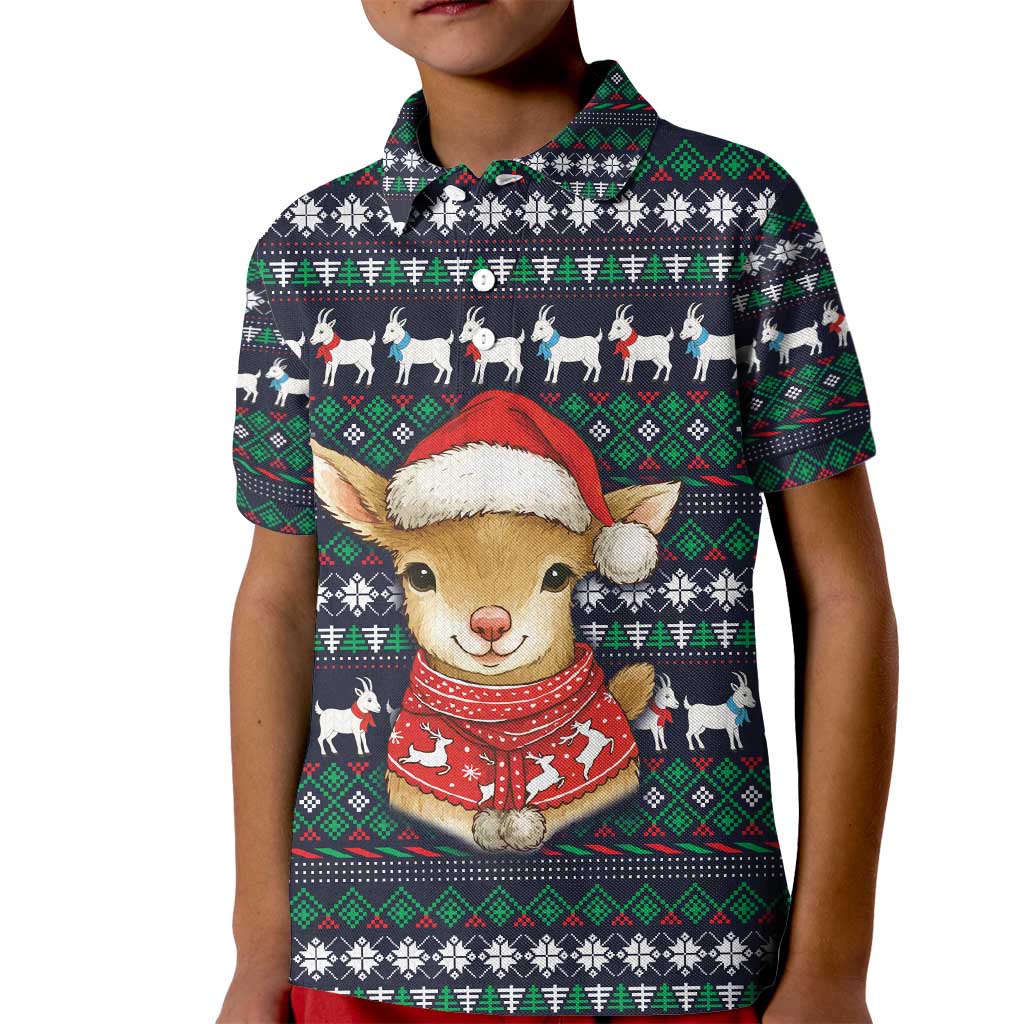 Cute Reindeer in Santa Hat Kid Polo Shirt with Red Green Snowflake Knit Pattern Design - Wonder Print Shop