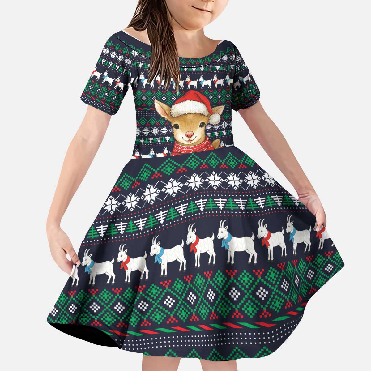 Cute Reindeer in Santa Hat Kid Short Sleeve Dress with Red Green Snowflake Knit Pattern Design - Wonder Print Shop