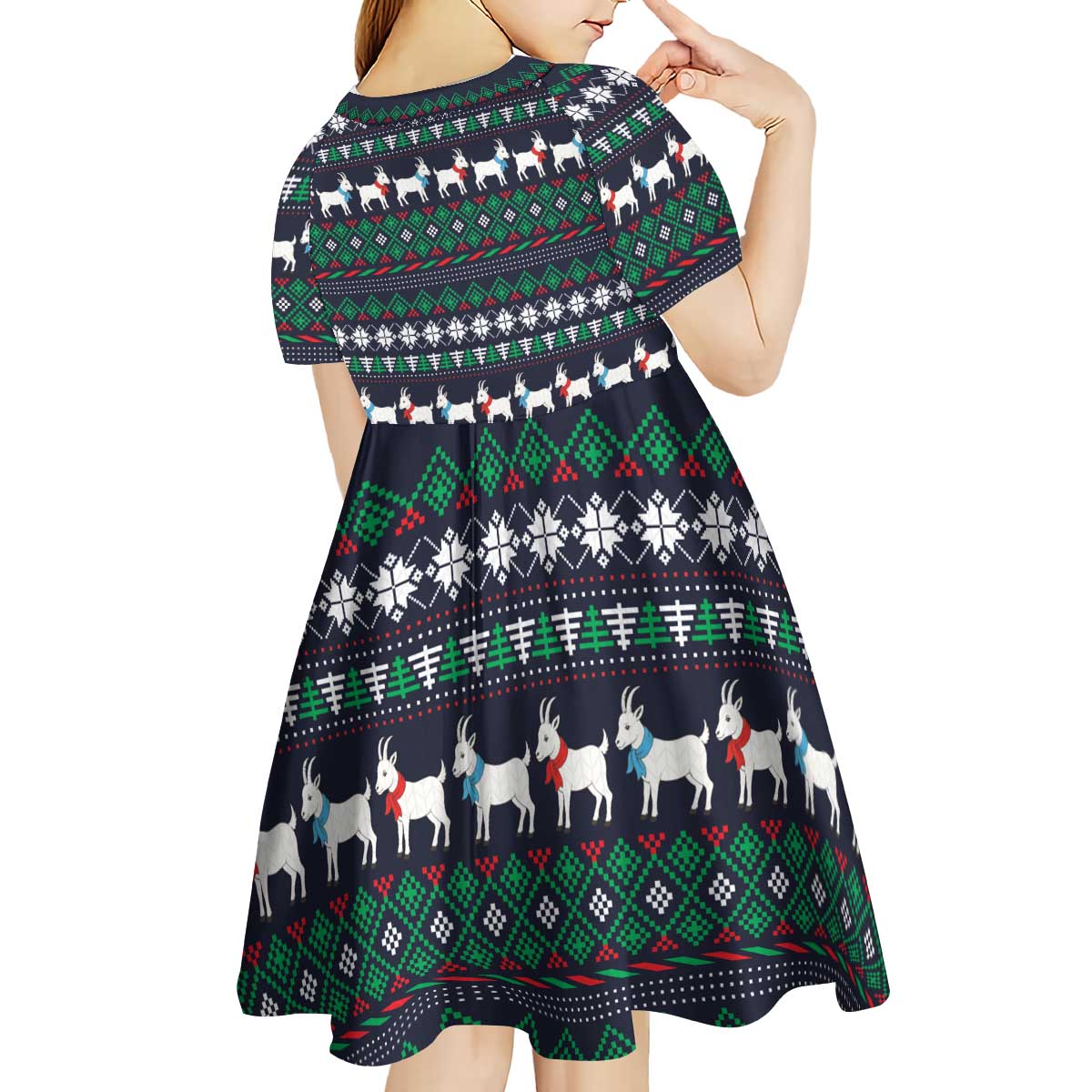 Cute Reindeer in Santa Hat Kid Short Sleeve Dress with Red Green Snowflake Knit Pattern Design - Wonder Print Shop