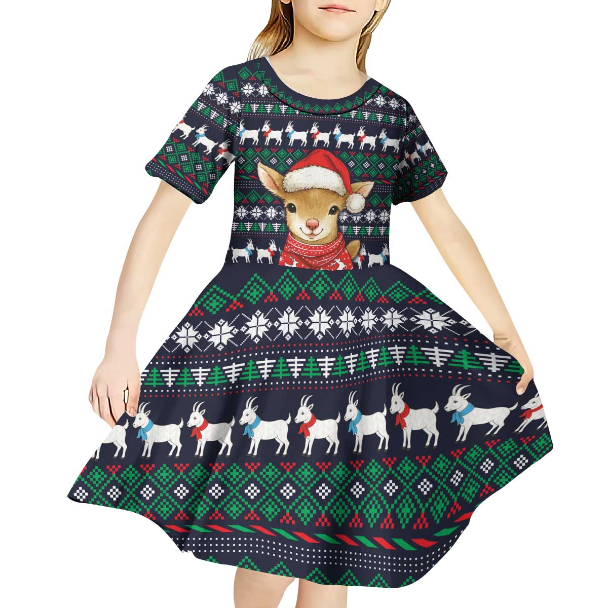 Cute Reindeer in Santa Hat Kid Short Sleeve Dress with Red Green Snowflake Knit Pattern Design - Wonder Print Shop