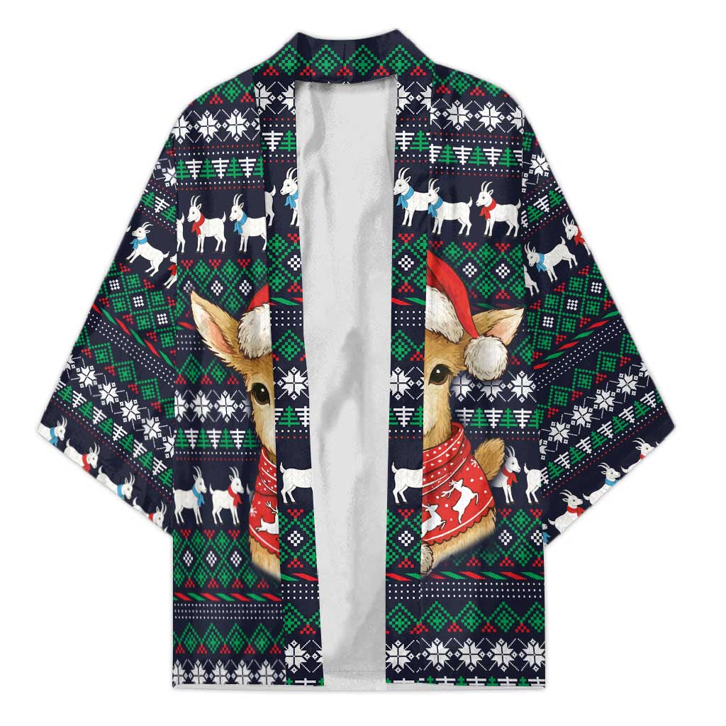 Cute Reindeer in Santa Hat Kimono with Red Green Snowflake Knit Pattern Design - Wonder Print Shop