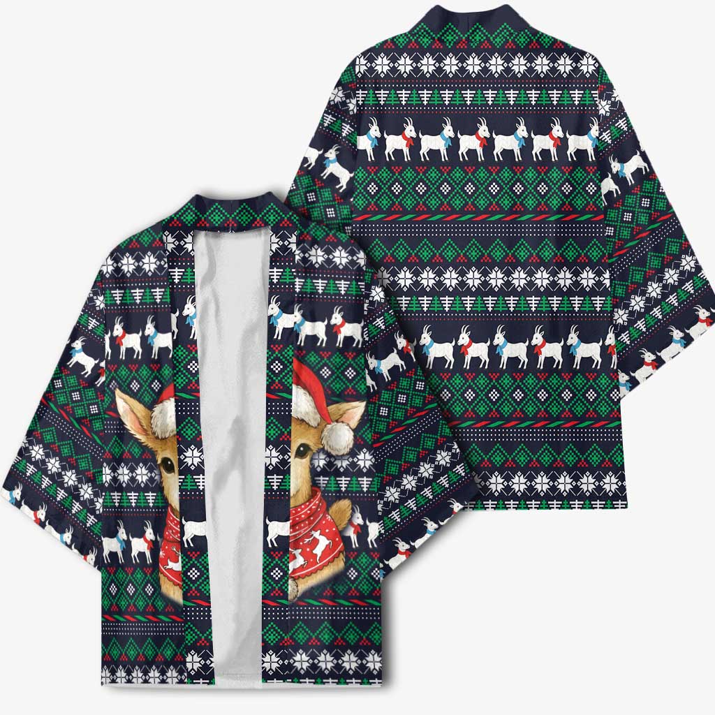 Cute Reindeer in Santa Hat Kimono with Red Green Snowflake Knit Pattern Design - Wonder Print Shop