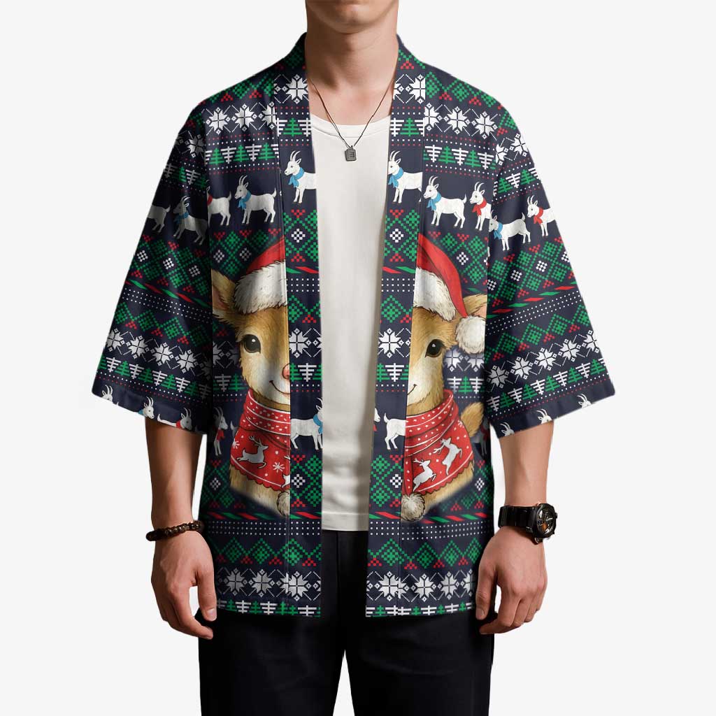 Cute Reindeer in Santa Hat Kimono with Red Green Snowflake Knit Pattern Design - Wonder Print Shop
