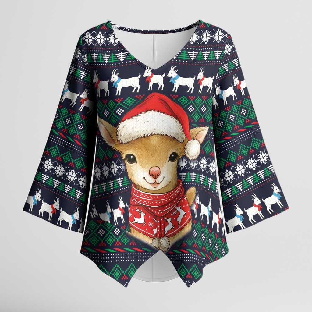 Cute Reindeer in Santa Hat Kimono Sleeve Blouse with Red Green Snowflake Knit Pattern Design - Wonder Print Shop