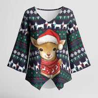 Cute Reindeer in Santa Hat Kimono Sleeve Blouse with Red Green Snowflake Knit Pattern Design - Wonder Print Shop
