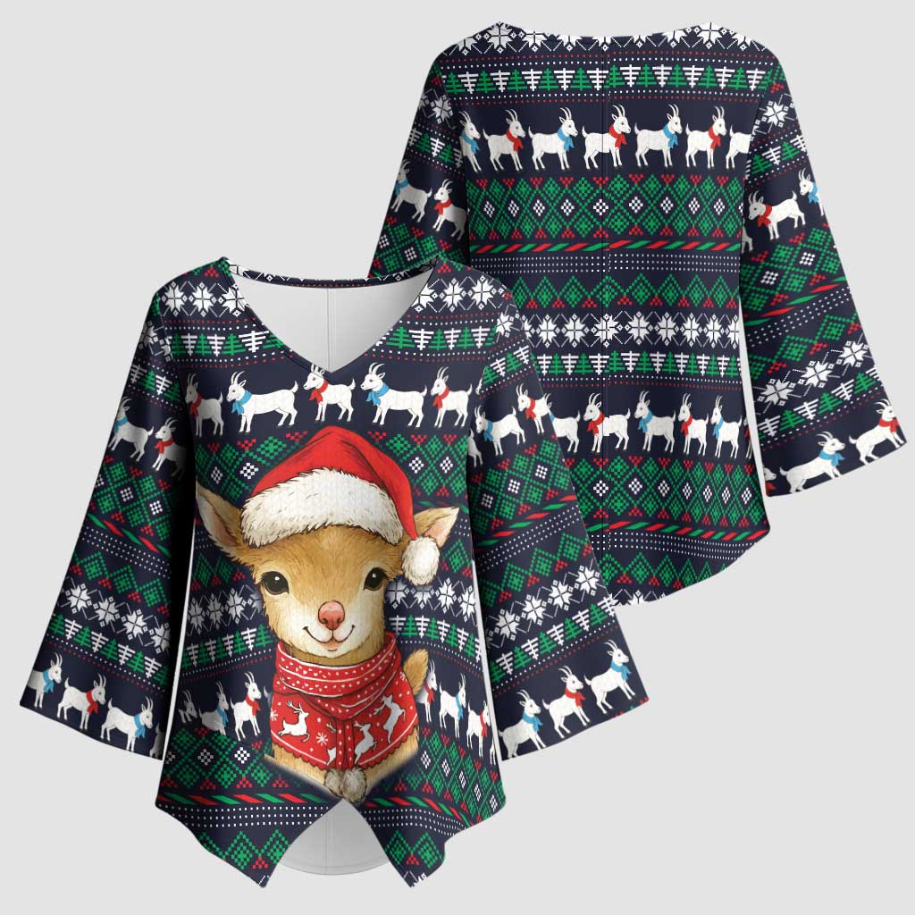 Cute Reindeer in Santa Hat Kimono Sleeve Blouse with Red Green Snowflake Knit Pattern Design - Wonder Print Shop