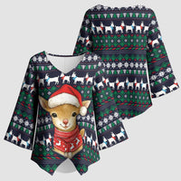 Cute Reindeer in Santa Hat Kimono Sleeve Blouse with Red Green Snowflake Knit Pattern Design - Wonder Print Shop