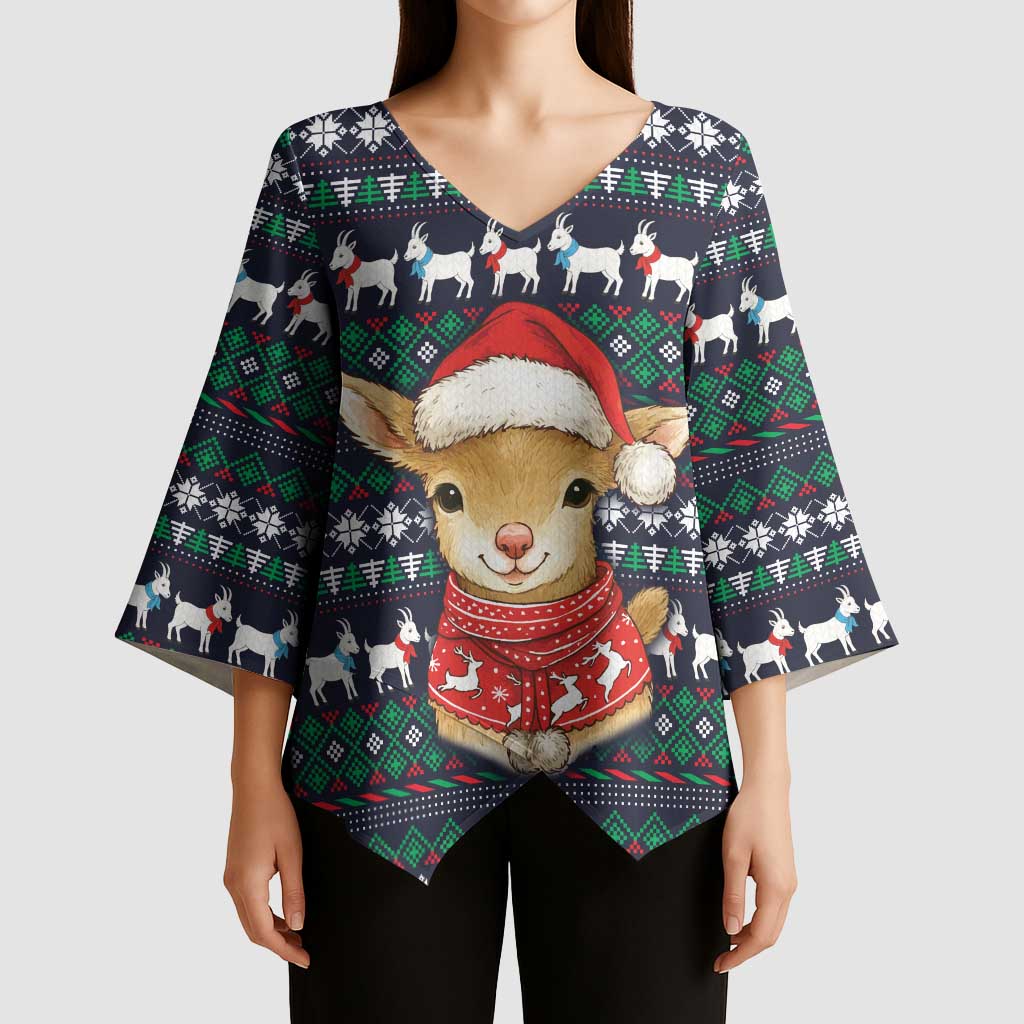 Cute Reindeer in Santa Hat Kimono Sleeve Blouse with Red Green Snowflake Knit Pattern Design - Wonder Print Shop