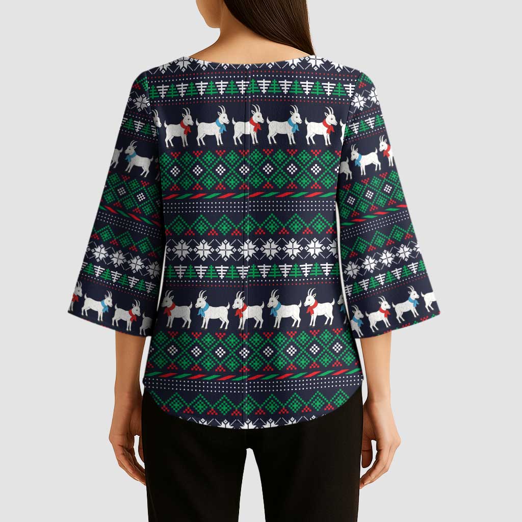 Cute Reindeer in Santa Hat Kimono Sleeve Blouse with Red Green Snowflake Knit Pattern Design - Wonder Print Shop