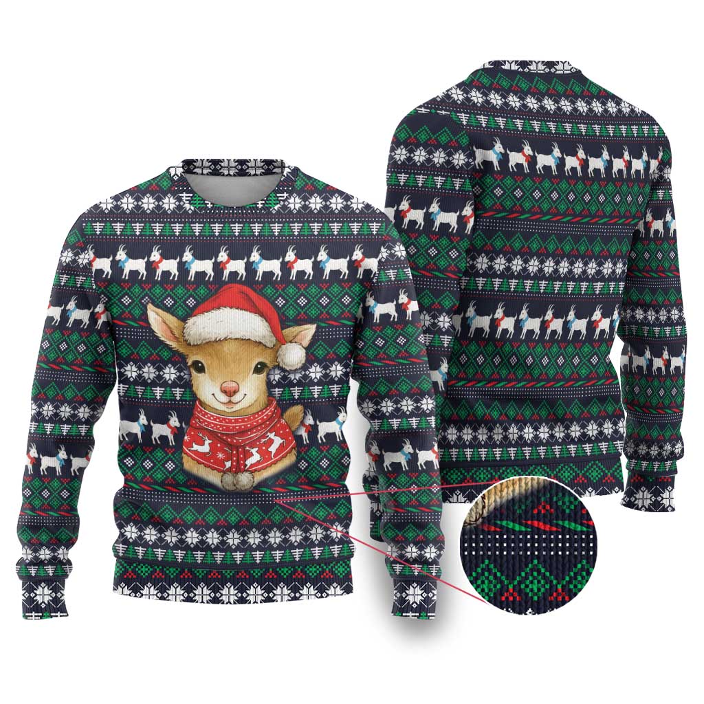 Cute Reindeer in Santa Hat Ugly Christmas Sweater with Red Green Snowflake Knit Pattern Design - Wonder Print Shop