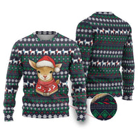 Cute Reindeer in Santa Hat Ugly Christmas Sweater with Red Green Snowflake Knit Pattern Design - Wonder Print Shop