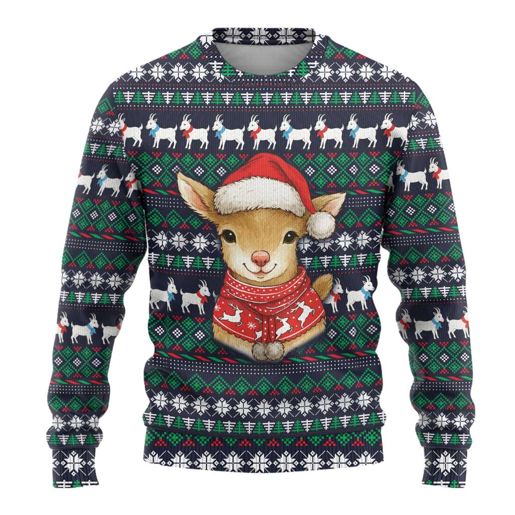 Cute Reindeer in Santa Hat Ugly Christmas Sweater with Red Green Snowflake Knit Pattern Design - Wonder Print Shop