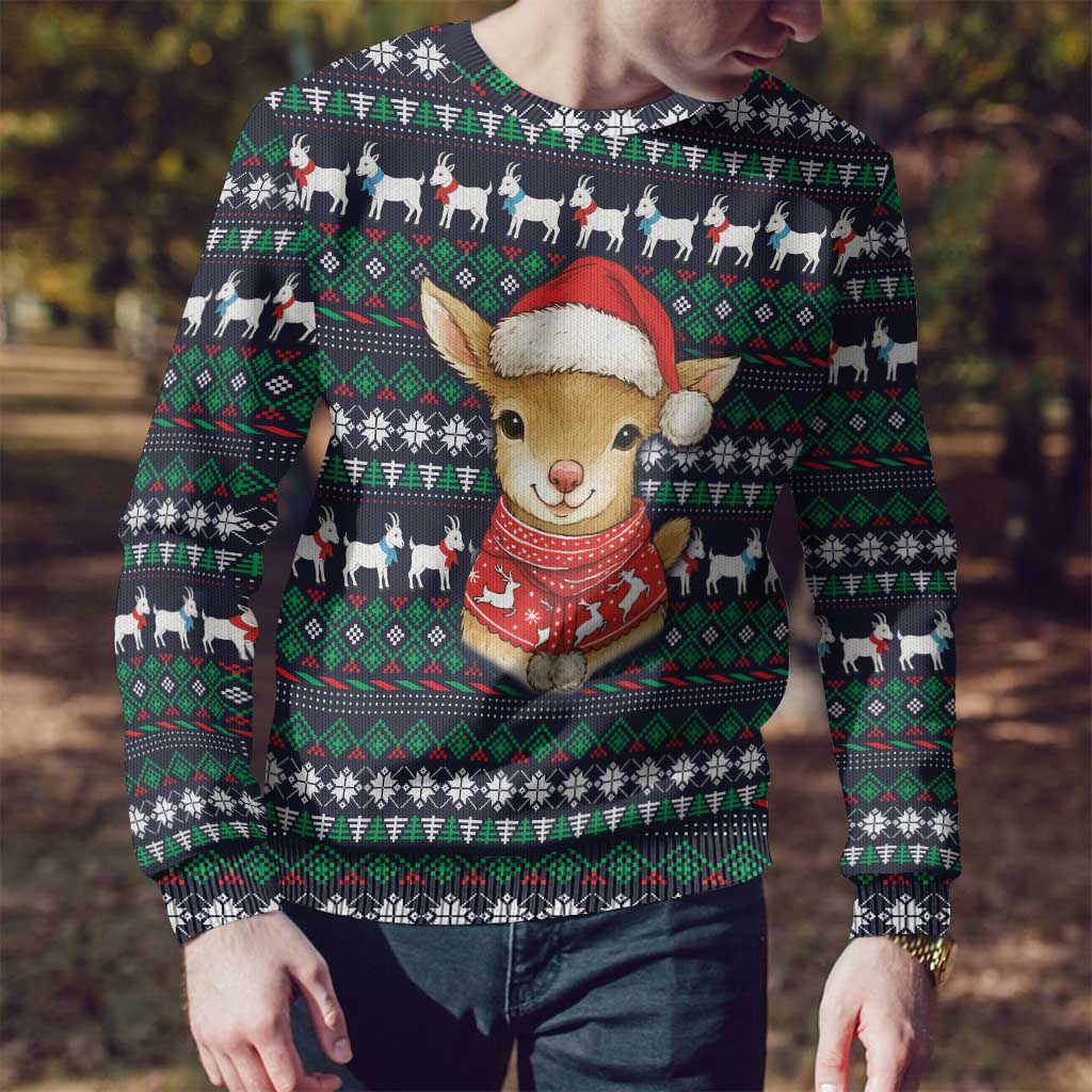 Cute Reindeer in Santa Hat Ugly Christmas Sweater with Red Green Snowflake Knit Pattern Design - Wonder Print Shop