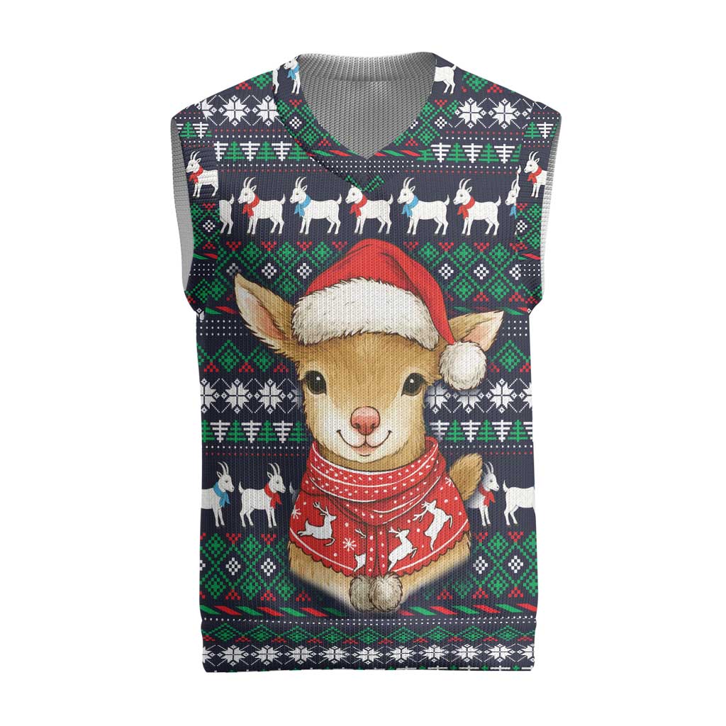 Cute Reindeer in Santa Hat Christmas Knitted V-Neck Vest with Red Green Snowflake Knit Pattern Design - Wonder Print Shop