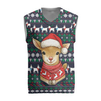 Cute Reindeer in Santa Hat Christmas Knitted V-Neck Vest with Red Green Snowflake Knit Pattern Design - Wonder Print Shop