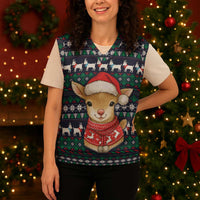Cute Reindeer in Santa Hat Christmas Knitted V-Neck Vest with Red Green Snowflake Knit Pattern Design - Wonder Print Shop
