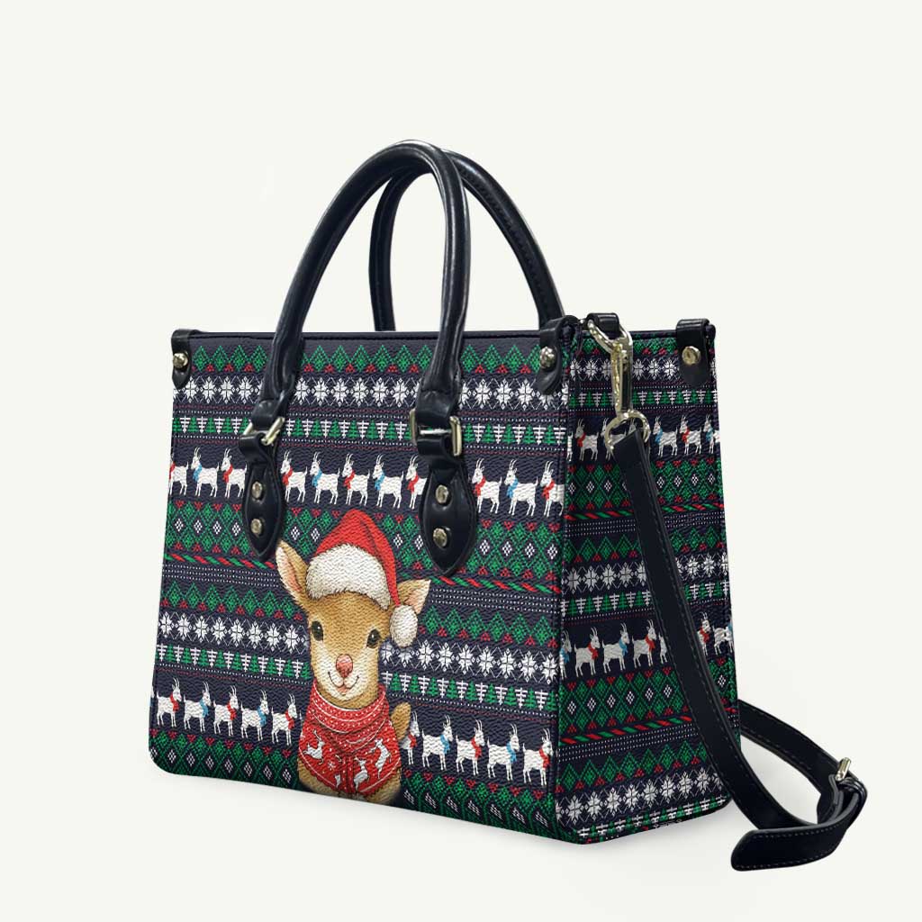 Cute Reindeer in Santa Hat Leather Bag with Red Green Snowflake Knit Pattern Design - Wonder Print Shop