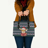 Cute Reindeer in Santa Hat Leather Bag with Red Green Snowflake Knit Pattern Design - Wonder Print Shop