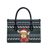 Cute Reindeer in Santa Hat Leather Bag with Red Green Snowflake Knit Pattern Design - Wonder Print Shop