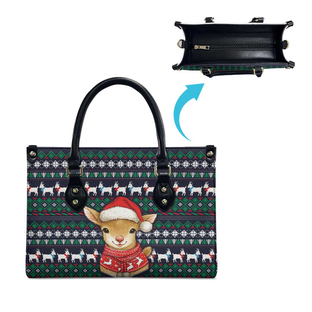 Cute Reindeer in Santa Hat Leather Bag with Red Green Snowflake Knit Pattern Design - Wonder Print Shop
