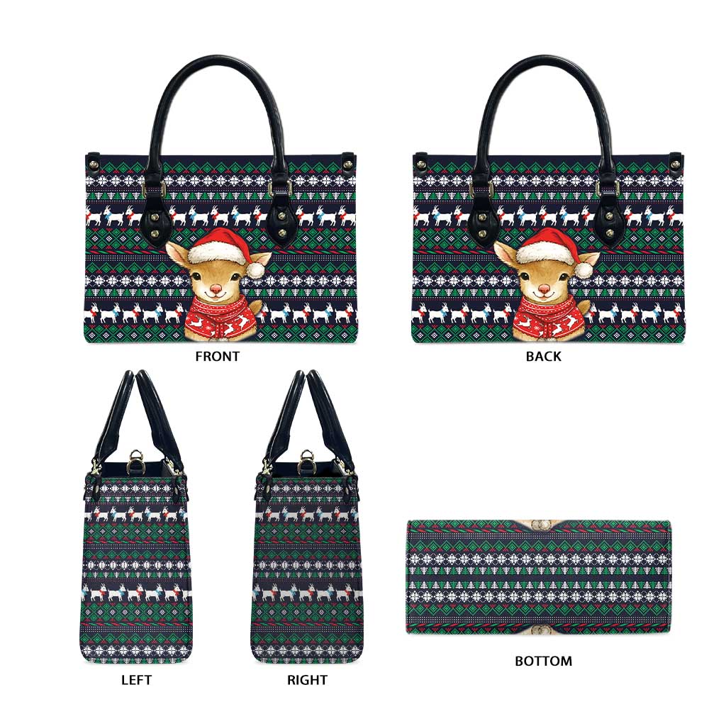 Cute Reindeer in Santa Hat Leather Bag with Red Green Snowflake Knit Pattern Design - Wonder Print Shop
