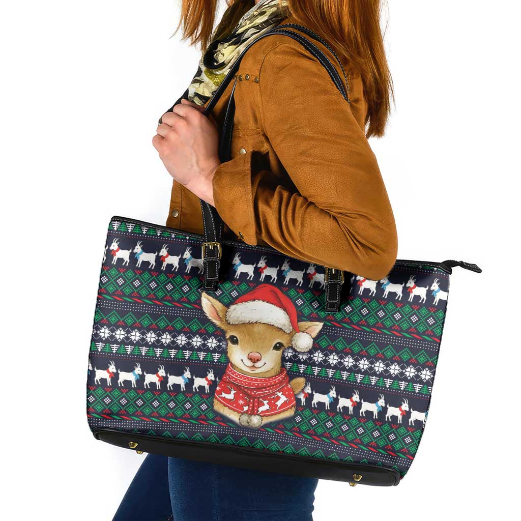 Cute Reindeer in Santa Hat Leather Tote Bag with Red Green Snowflake Knit Pattern Design - Wonder Print Shop