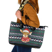 Cute Reindeer in Santa Hat Leather Tote Bag with Red Green Snowflake Knit Pattern Design - Wonder Print Shop