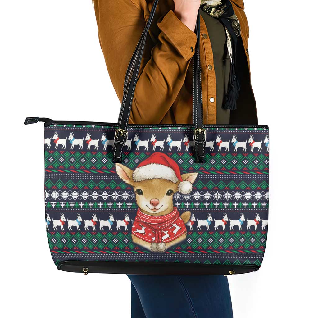 Cute Reindeer in Santa Hat Leather Tote Bag with Red Green Snowflake Knit Pattern Design - Wonder Print Shop