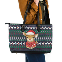 Cute Reindeer in Santa Hat Leather Tote Bag with Red Green Snowflake Knit Pattern Design - Wonder Print Shop