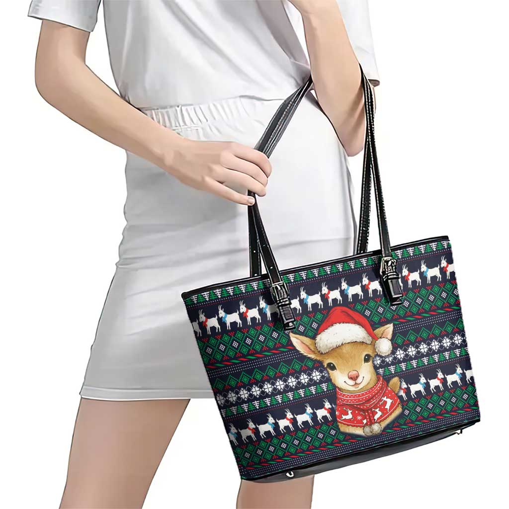 Cute Reindeer in Santa Hat Leather Tote Bag with Red Green Snowflake Knit Pattern Design - Wonder Print Shop