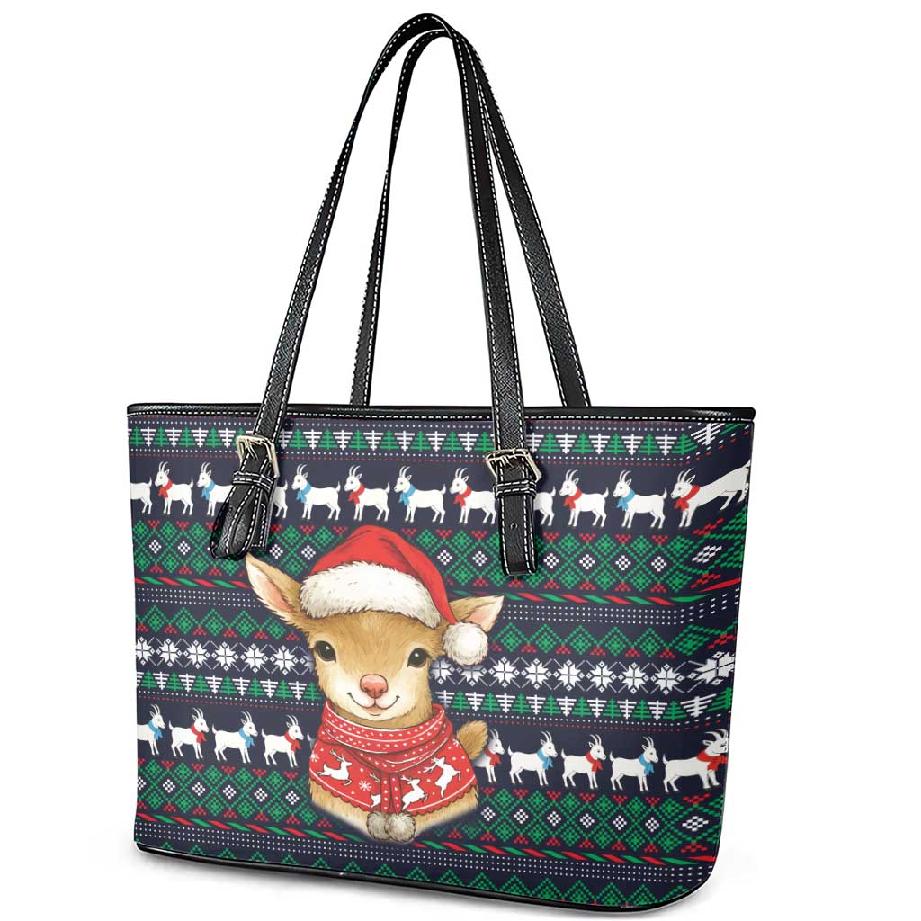 Cute Reindeer in Santa Hat Leather Tote Bag with Red Green Snowflake Knit Pattern Design - Wonder Print Shop