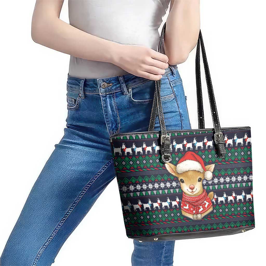 Cute Reindeer in Santa Hat Leather Tote Bag with Red Green Snowflake Knit Pattern Design - Wonder Print Shop