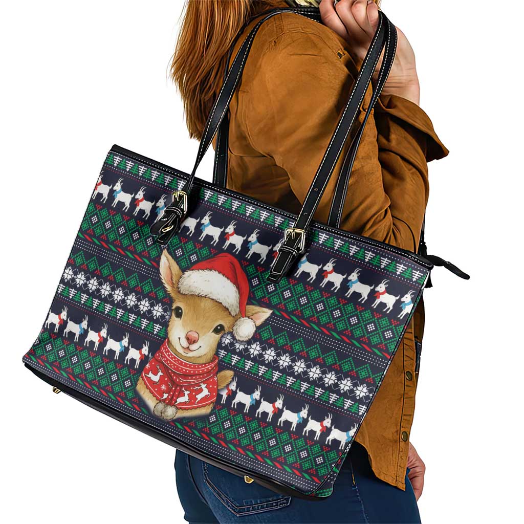 Cute Reindeer in Santa Hat Leather Tote Bag with Red Green Snowflake Knit Pattern Design - Wonder Print Shop