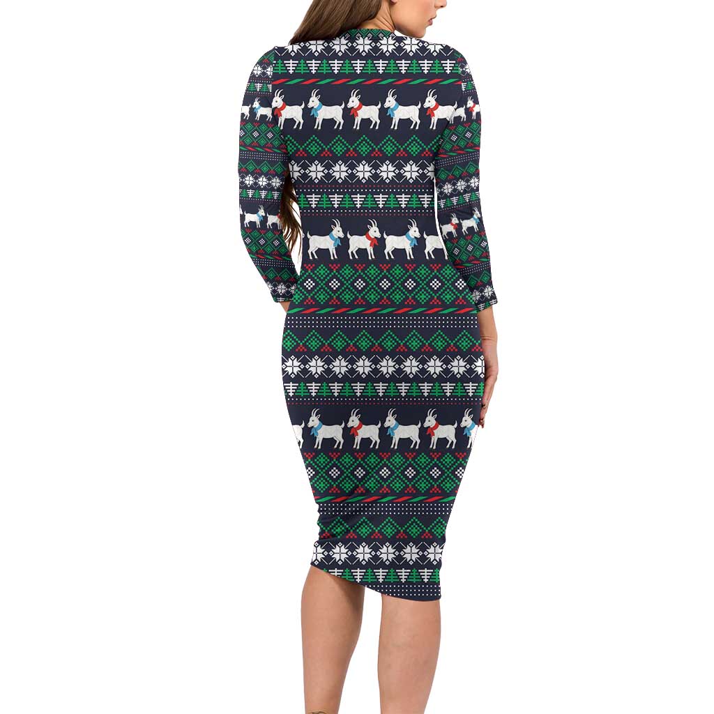 Cute Reindeer in Santa Hat Long Sleeve Bodycon Dress with Red Green Snowflake Knit Pattern Design - Wonder Print Shop