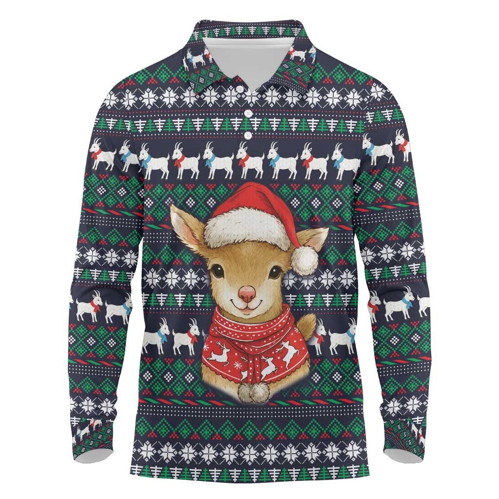 Cute Reindeer in Santa Hat Long Sleeve Polo Shirt with Red Green Snowflake Knit Pattern Design - Wonder Print Shop