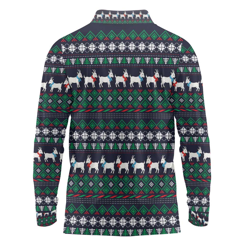 Cute Reindeer in Santa Hat Long Sleeve Polo Shirt with Red Green Snowflake Knit Pattern Design - Wonder Print Shop