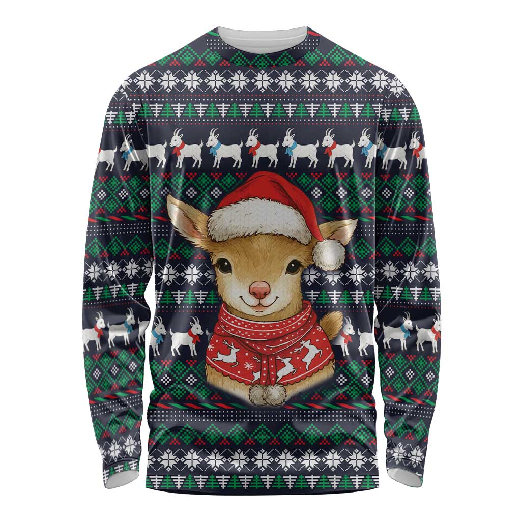 Cute Reindeer in Santa Hat Long Sleeve Shirt with Red Green Snowflake Knit Pattern Design - Wonder Print Shop