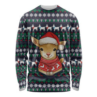 Cute Reindeer in Santa Hat Long Sleeve Shirt with Red Green Snowflake Knit Pattern Design - Wonder Print Shop