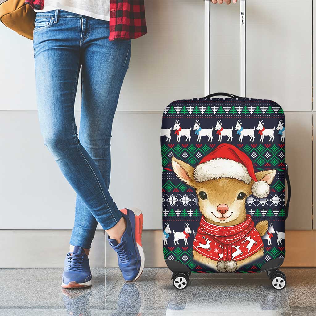 Cute Reindeer in Santa Hat Luggage Cover with Red Green Snowflake Knit Pattern Design - Wonder Print Shop