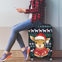 Cute Reindeer in Santa Hat Luggage Cover with Red Green Snowflake Knit Pattern Design - Wonder Print Shop