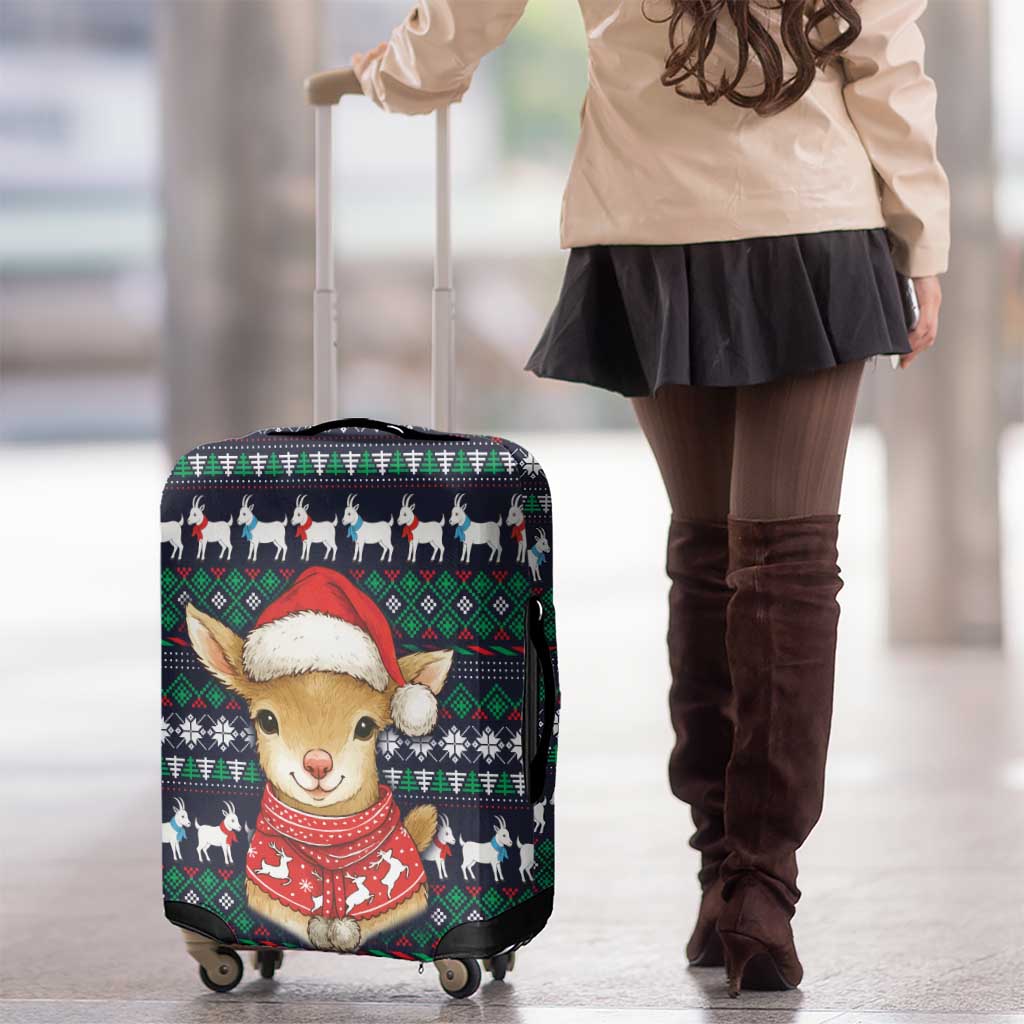 Cute Reindeer in Santa Hat Luggage Cover with Red Green Snowflake Knit Pattern Design - Wonder Print Shop