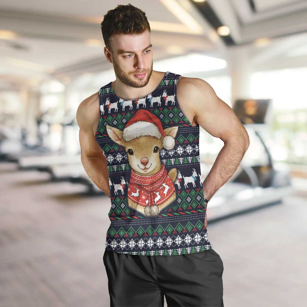Cute Reindeer in Santa Hat Men Tank Top with Red Green Snowflake Knit Pattern Design - Wonder Print Shop