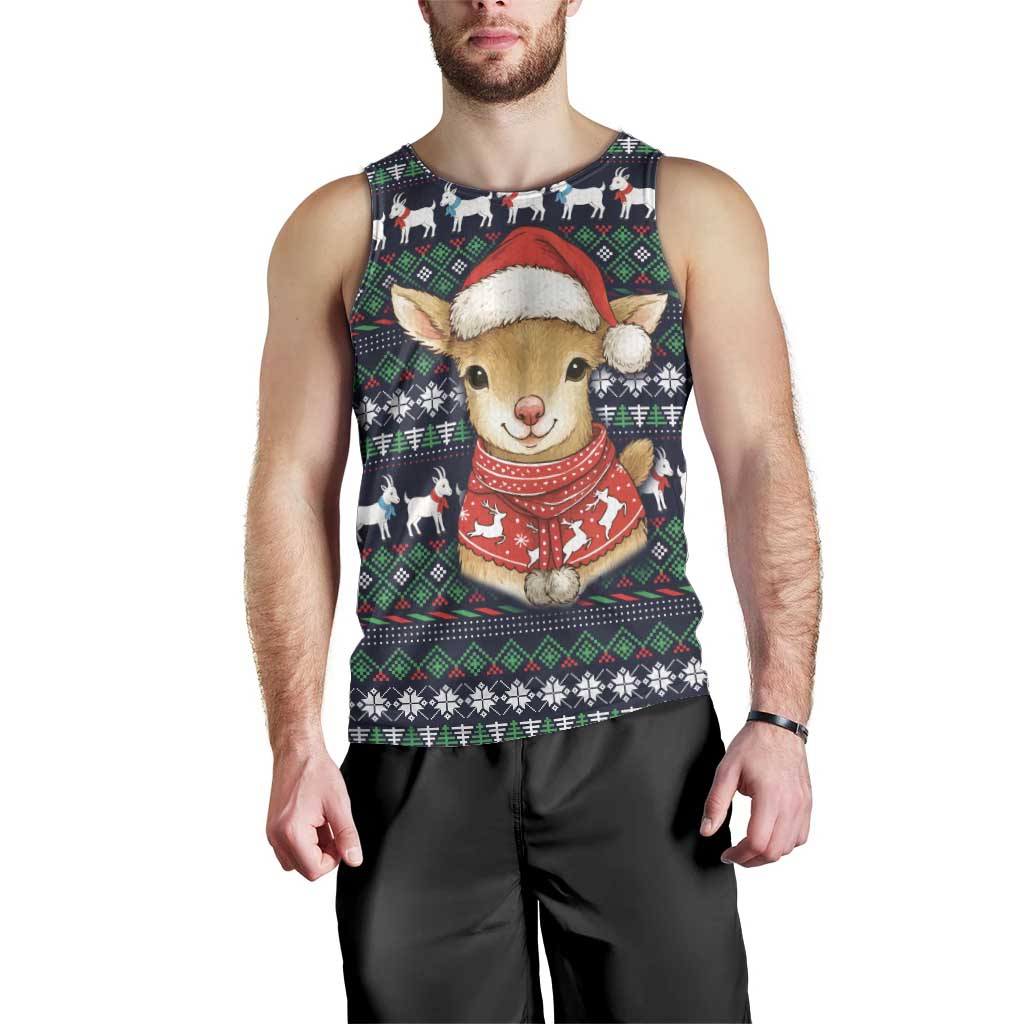 Cute Reindeer in Santa Hat Men Tank Top with Red Green Snowflake Knit Pattern Design - Wonder Print Shop