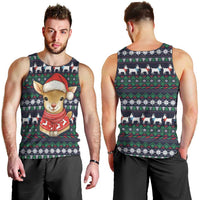 Cute Reindeer in Santa Hat Men Tank Top with Red Green Snowflake Knit Pattern Design - Wonder Print Shop