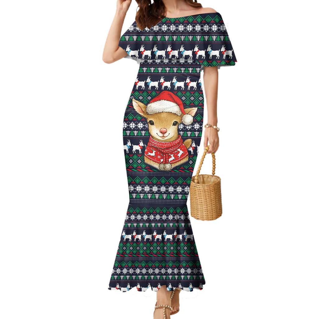 Cute Reindeer in Santa Hat Mermaid Dress with Red Green Snowflake Knit Pattern Design - Wonder Print Shop