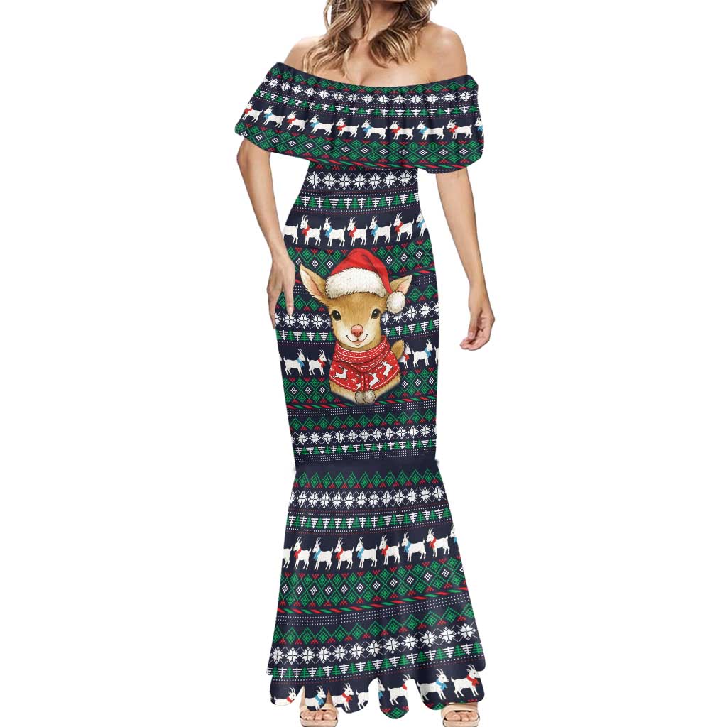 Cute Reindeer in Santa Hat Mermaid Dress with Red Green Snowflake Knit Pattern Design - Wonder Print Shop