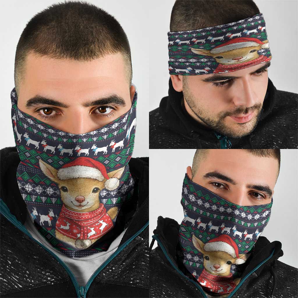 Cute Reindeer in Santa Hat Neck Gaiter with Red Green Snowflake Knit Pattern Design - Wonder Print Shop