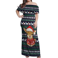 Cute Reindeer in Santa Hat Off Shoulder Maxi Dress with Red Green Snowflake Knit Pattern Design - Wonder Print Shop
